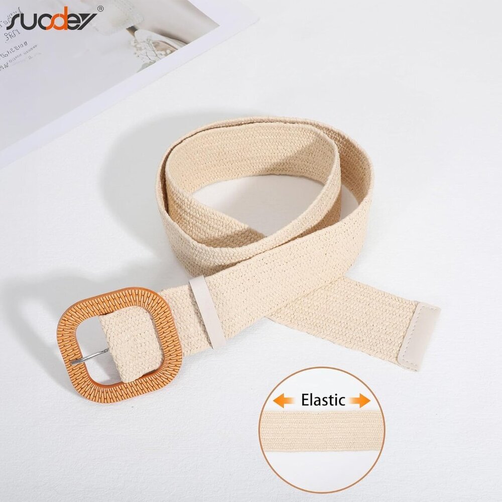 2 Pack Straw Woven Elastic Belt Braided Stretch Wide Boho Rattan Waist Belt for - Picture 4 of 8